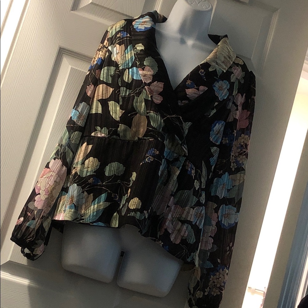 Adrianna Papell Black Floral Wrap Blouse